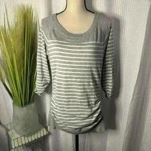 89th and Madison Womens XL Gray Striped Bunched 3/4 Sleeves Lightweight Sweater